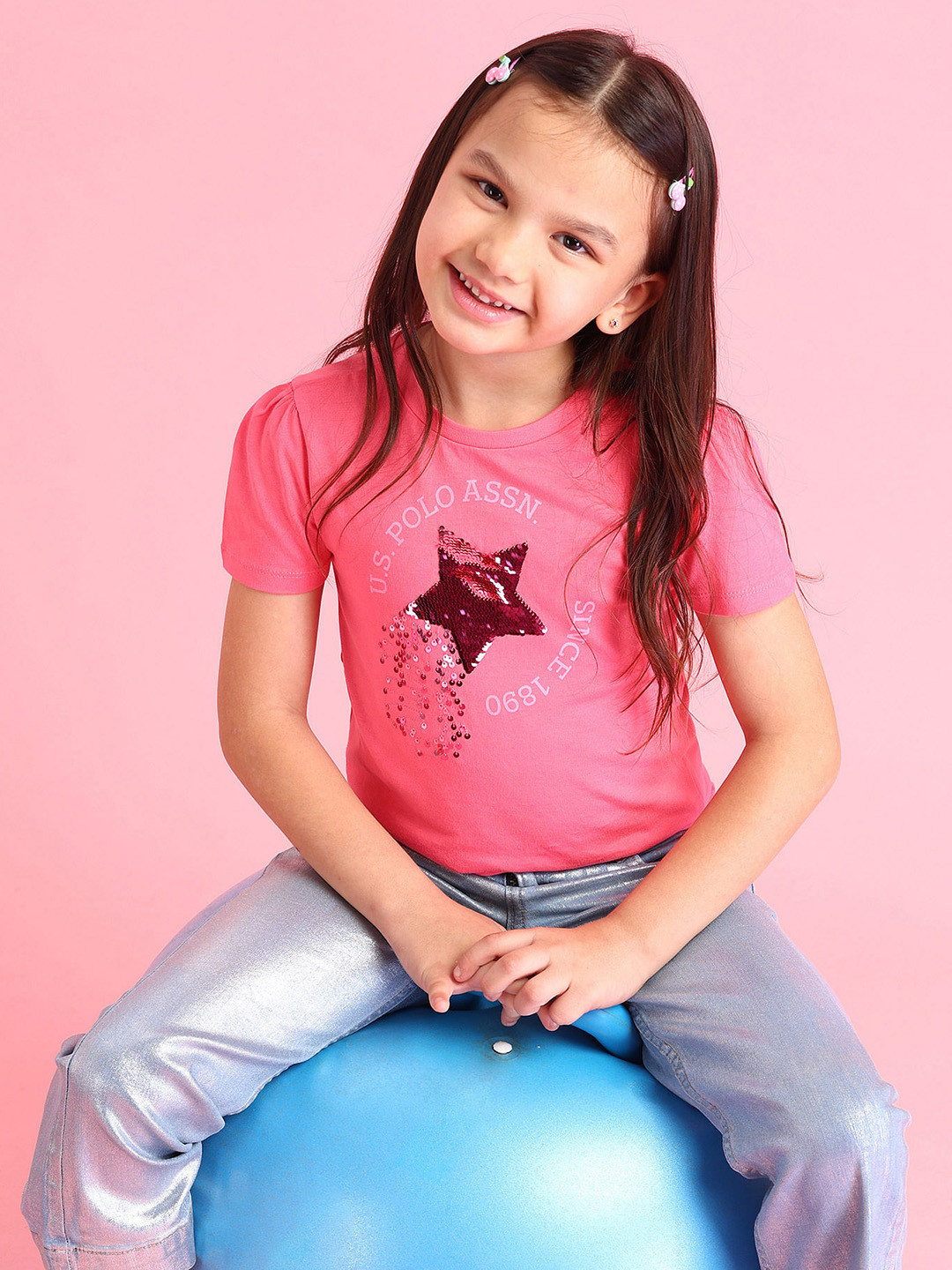 

U.S. Polo Assn. Kids Girls Brand Logo Sequinced Pure Cotton T-shirt, Pink