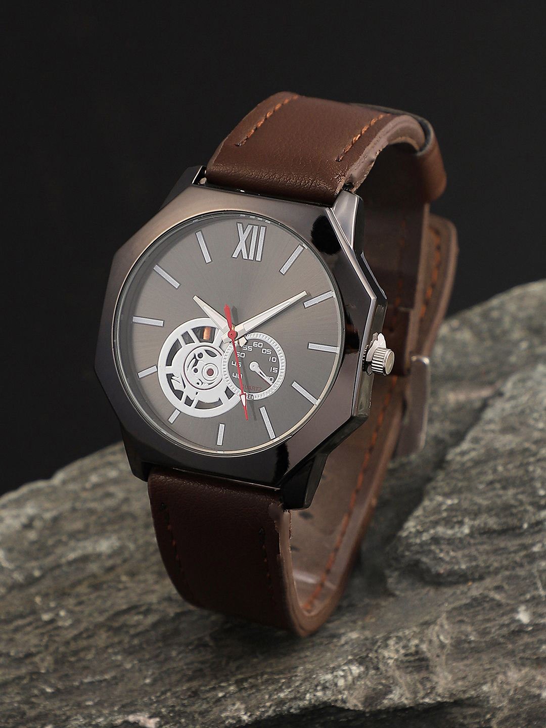 

French Accent Men Dial & Leather Bracelet Style Straps Analogue Watch SS25_FAWC1040, Brown