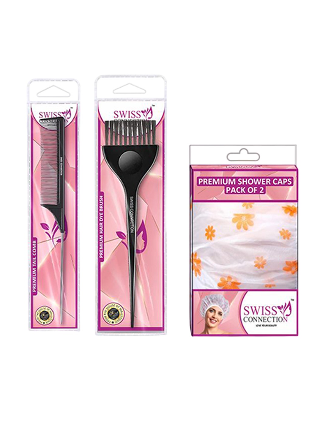 

Swiss Connection Set Of 4 Pin Tail Comb, Hair Dye Colouring Brush & Waterproof Shower Cap, Black