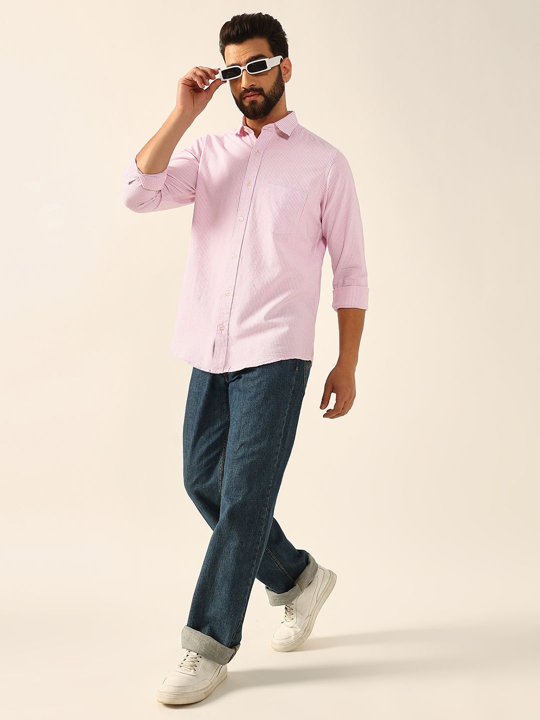 

ENSPYR Men Opaque Striped Casual Shirt, Pink
