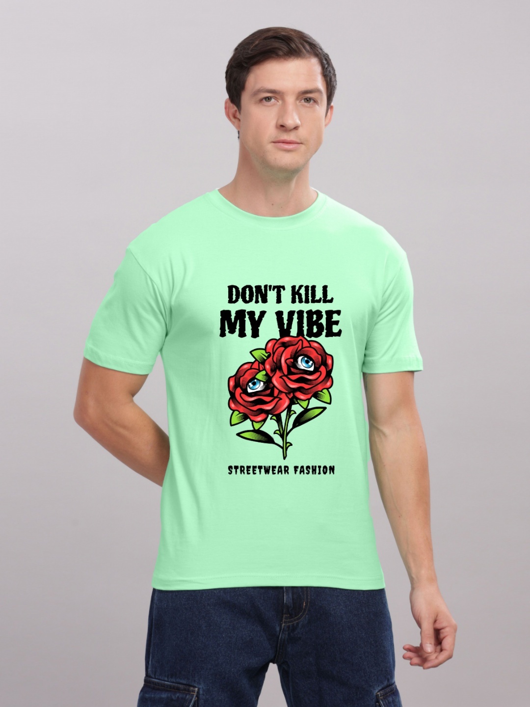 

FALTU.CO Men Printed Drop-Shoulder Sleeves Pure Cotton T-shirt, Sea green