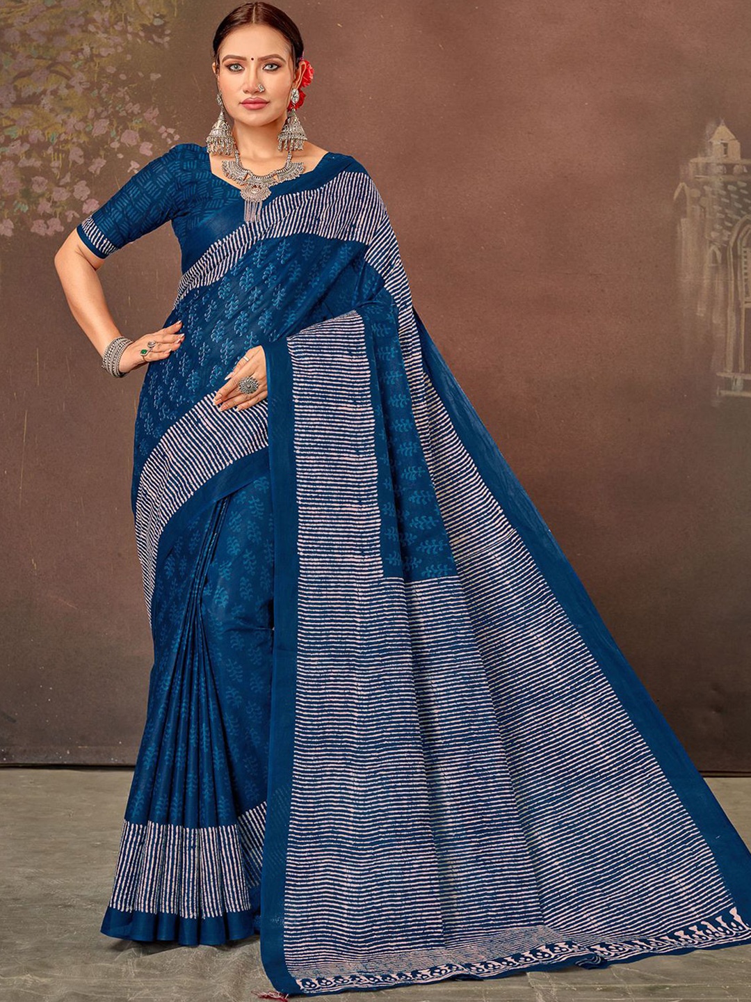 

all about you Ethnic Motifs Block Print Saree, Navy blue