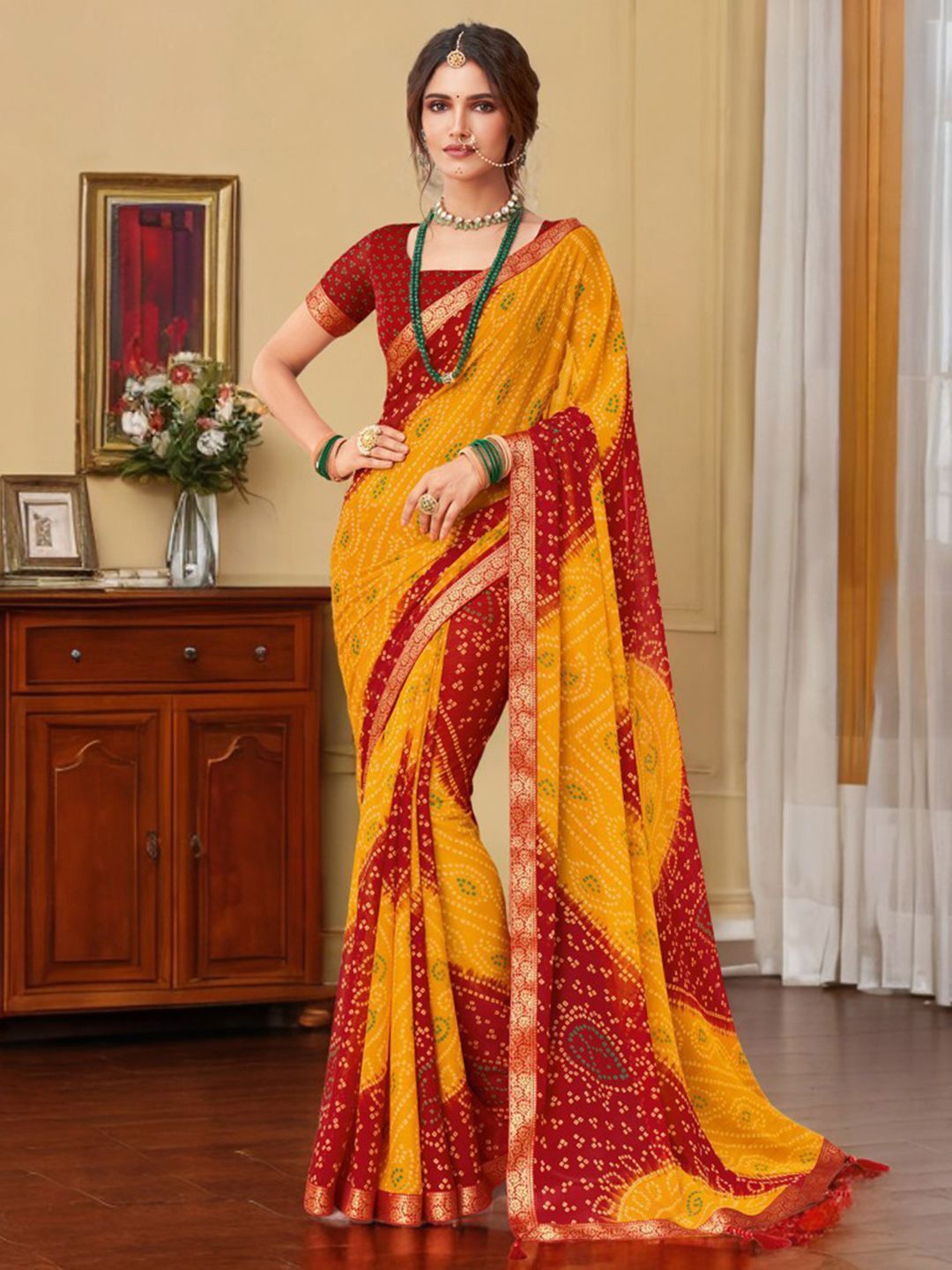 

DIVASTRI Bandhani Zari Pure Chiffon Bandhani Saree, Yellow