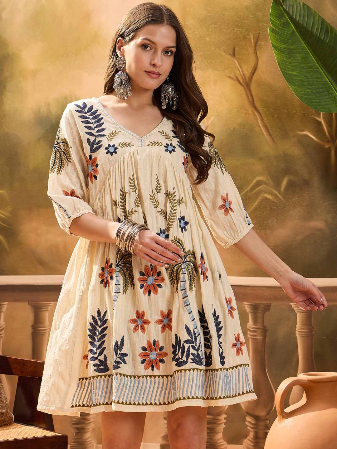 

Sangria Embroidered Cotton A-Line Mini Dress, White