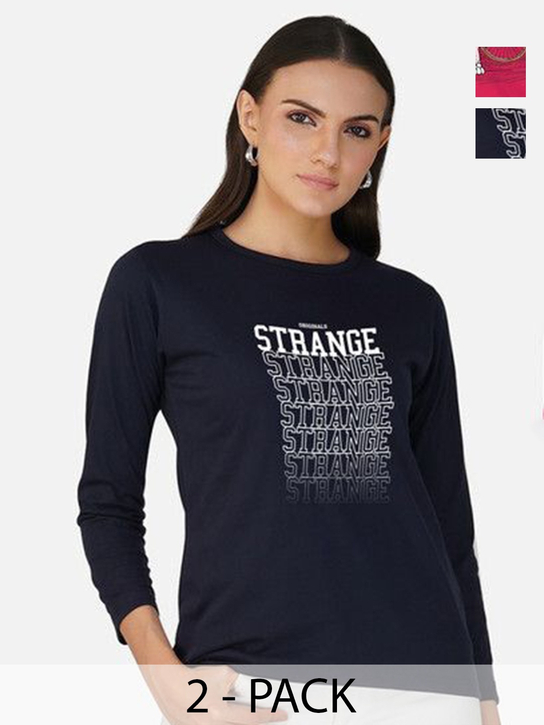

Metronaut Women 2 Printed Bio Finish Applique T-shirt, Navy blue