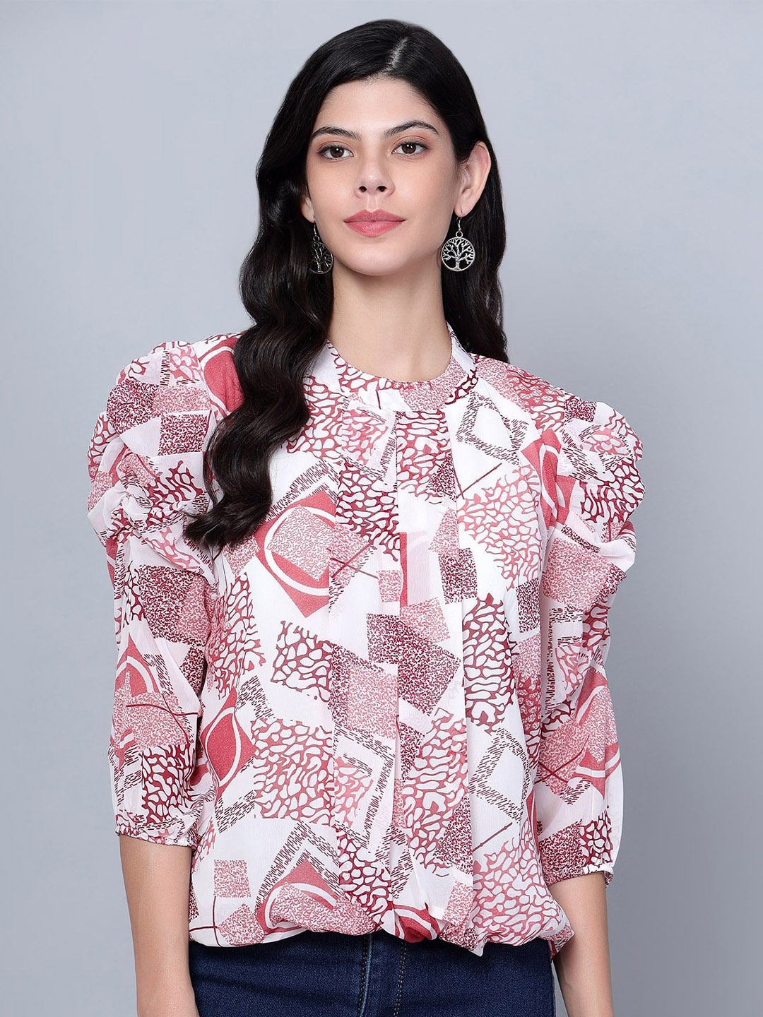 

Moda Rapido Print Puff Sleeve Georgette Blouson Top, Maroon