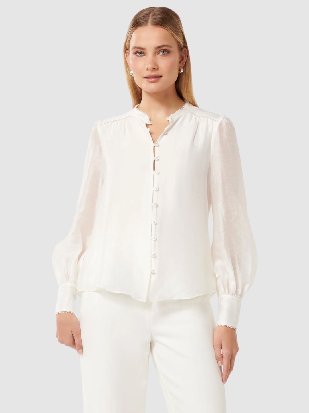 

Forever New Mandarin Collar Bishop Sleeves Blouson Top, White