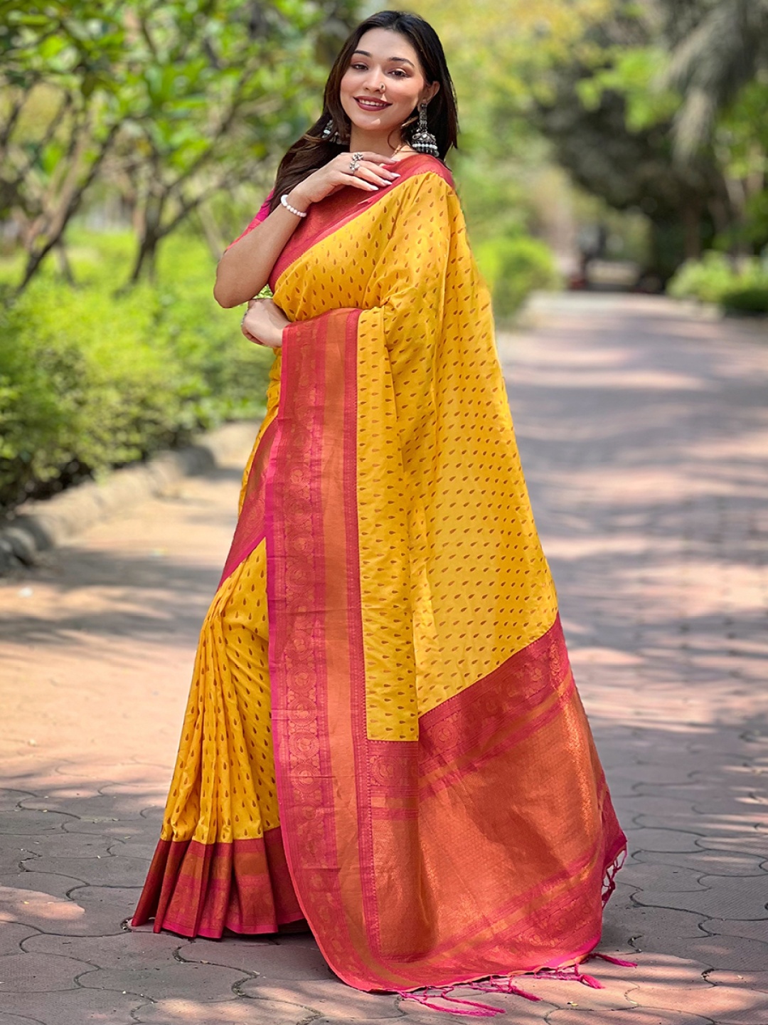

all about you Woven Design Zari Silk Blend Paithani Saree, Yellow