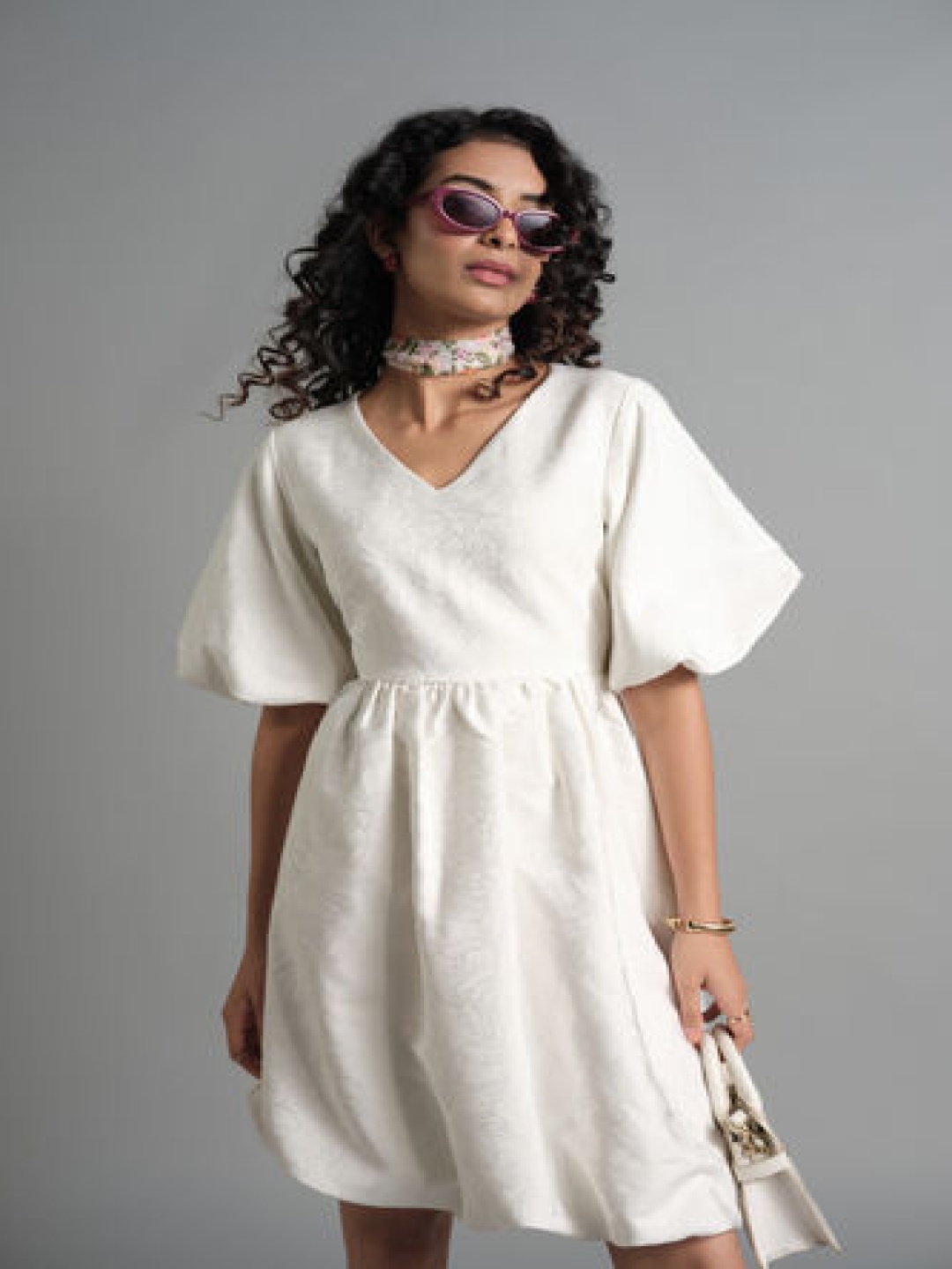

AND Flared Sleeve Fit & Flare Dress, White
