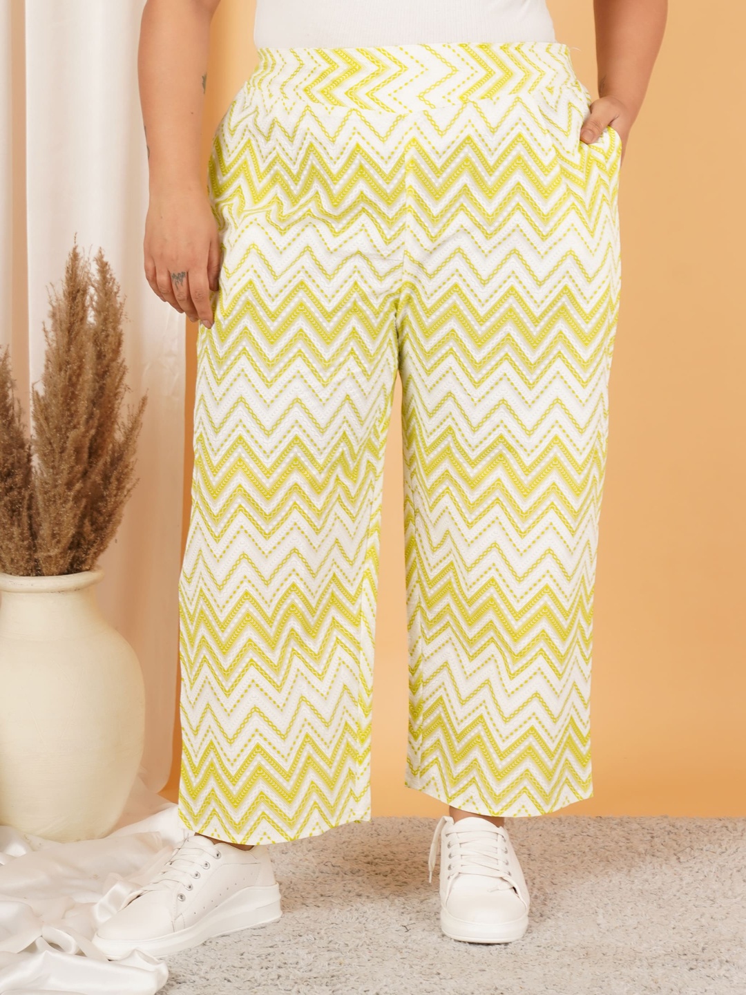 

Indietoga Women Striped Comfort Easy Wash Trousers, Lime green