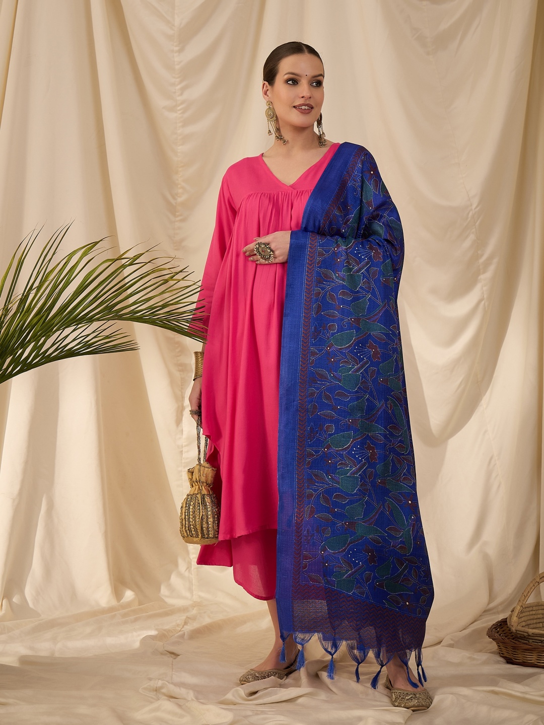 

InWeave Women Angrakha Kurta with Palazzos & With Dupatta, Fuchsia