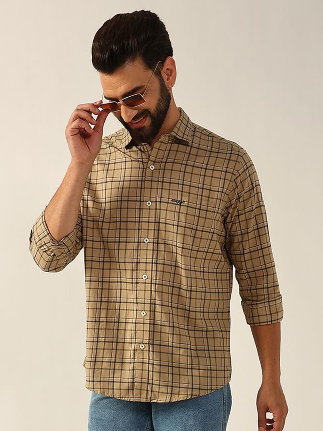 

ENSPYR Men Opaque Checked Casual Shirt, Beige