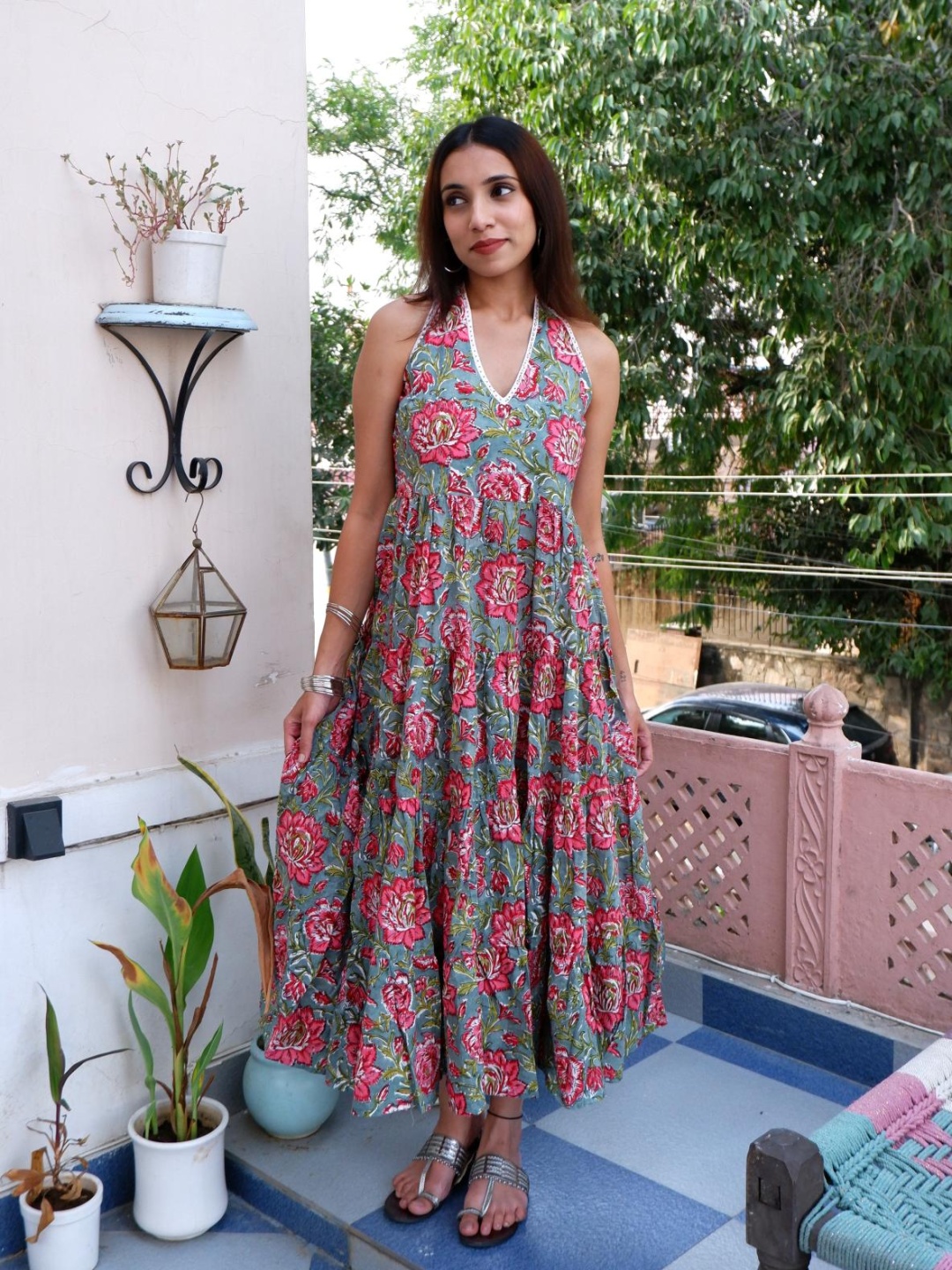 

GOODHAND Floral Print Halter Neck Maxi Dress, Green