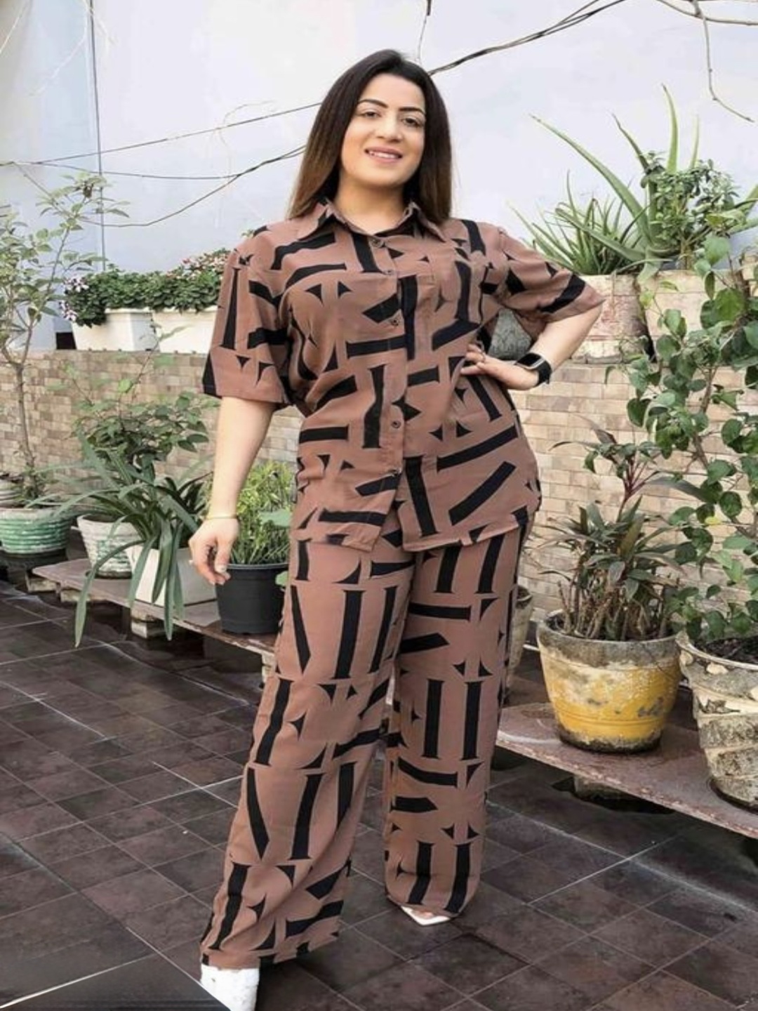 

Moda Rapido Printed Shirt Collar Shirt With Trousers Co-Ords Set, Brown