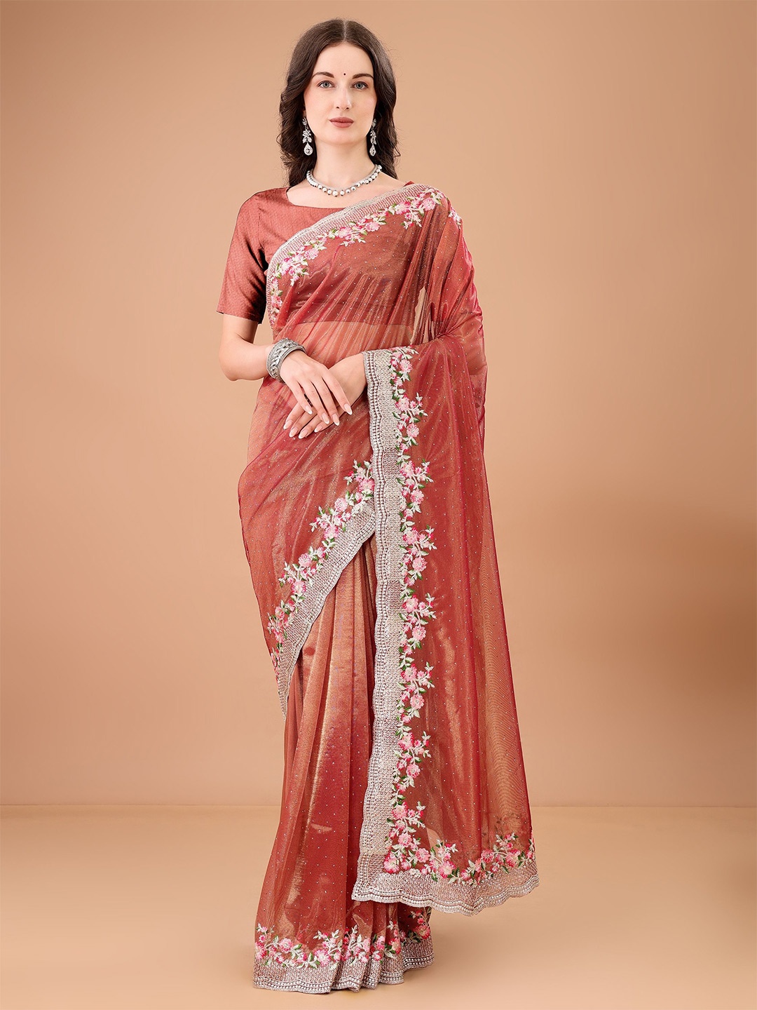

devkison Designer Floral Embroidered Net Saree, Coffee brown