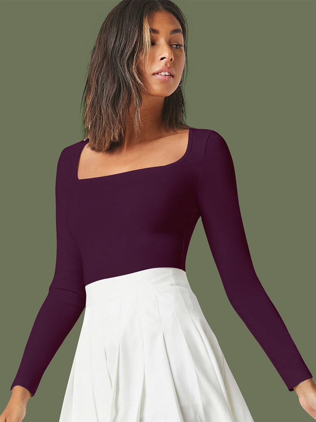 

Dream Beauty Fashion Women Square Neck Long Sleeves Fitted Top, Purple