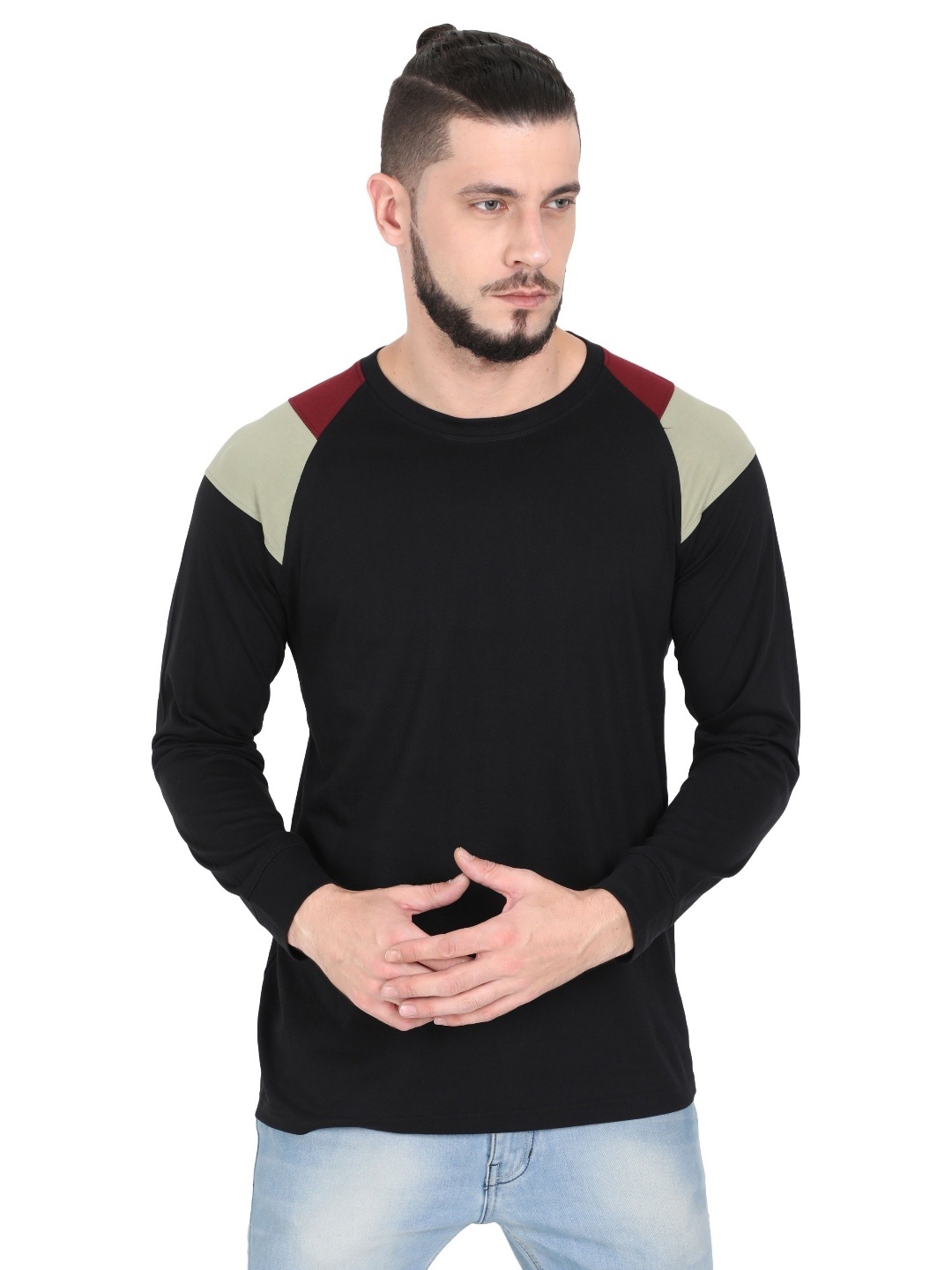 

QUCO Men Cotton Biowashed Round Neck Colour Blocked Full Sleeve Tshirt, Black