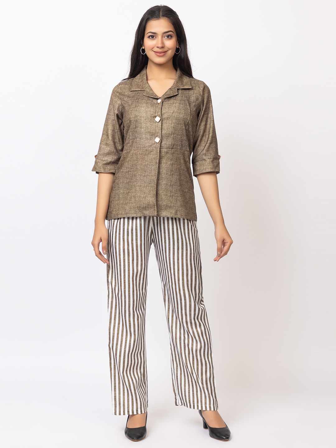 

Lory's Self Design Collared Shirt With Trousers Co-Ords, Brown