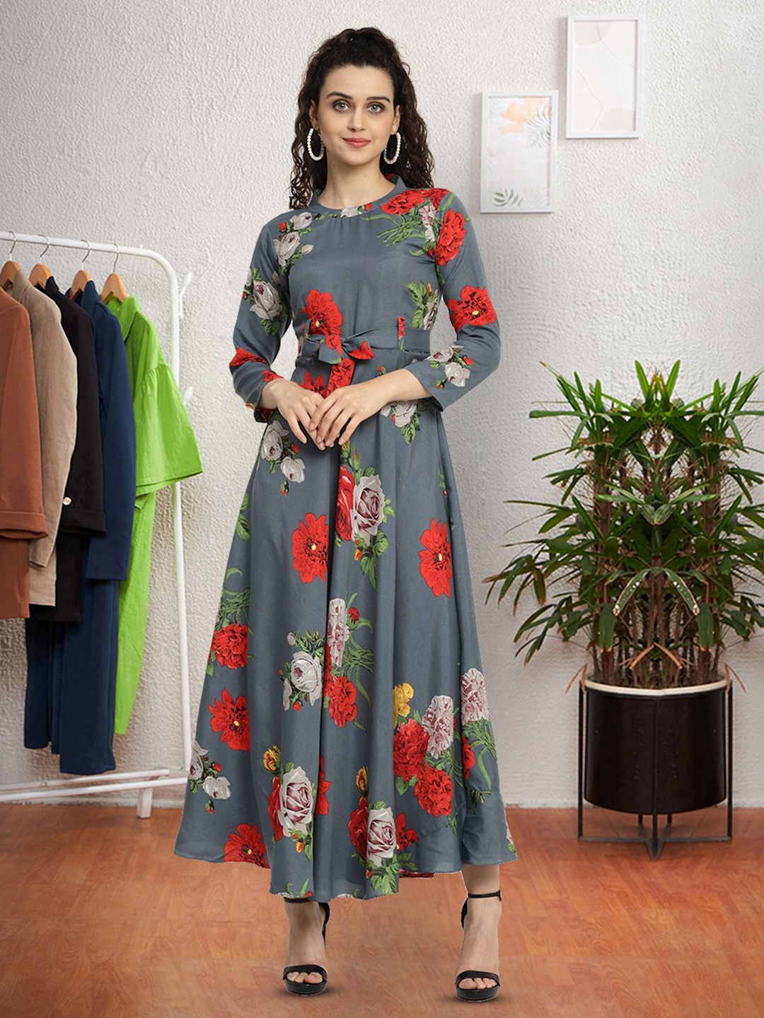 

Moda Rapido Floral Print Applique Fit & Flare Dress, Grey