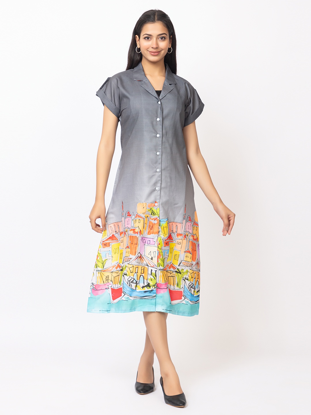

Lory Floral Crepe Fit & Flare Dress, Grey
