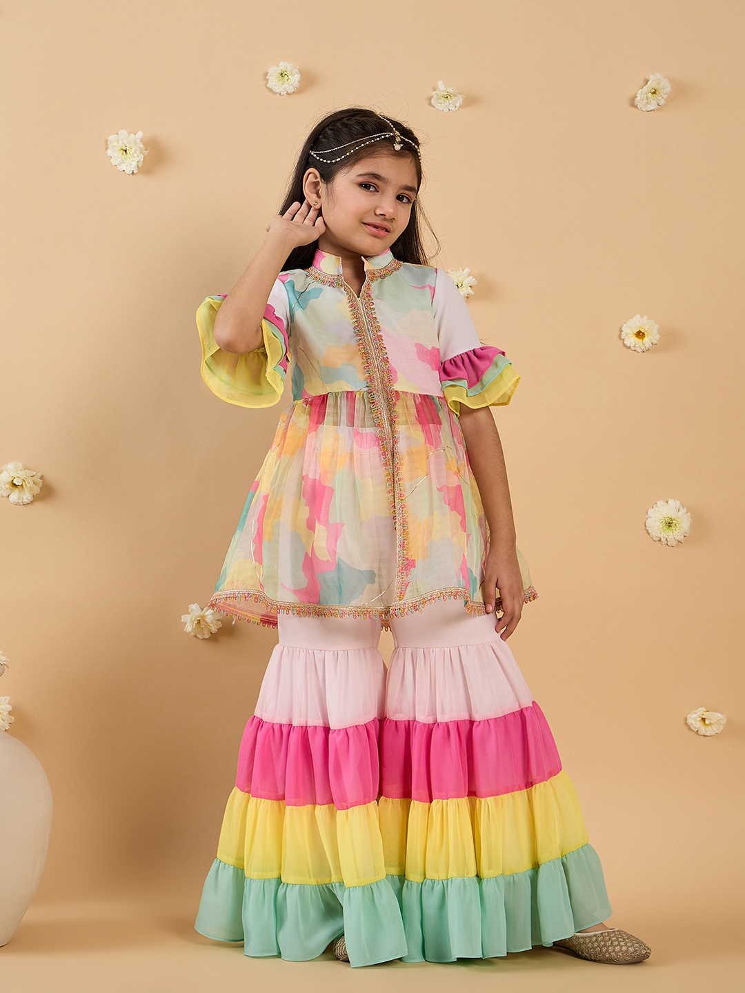 

pspeaches Girls Ethnic Motifs Printed Pleated Kurta with Sharara, Pink