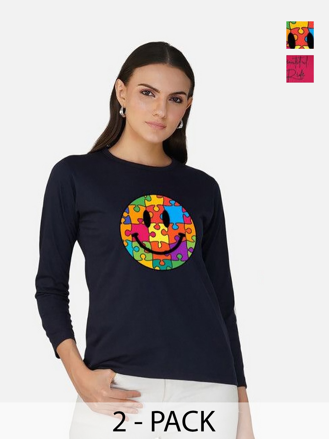 

Metronaut Women 2 Printed Bio Finish Applique T-shirt, Navy blue