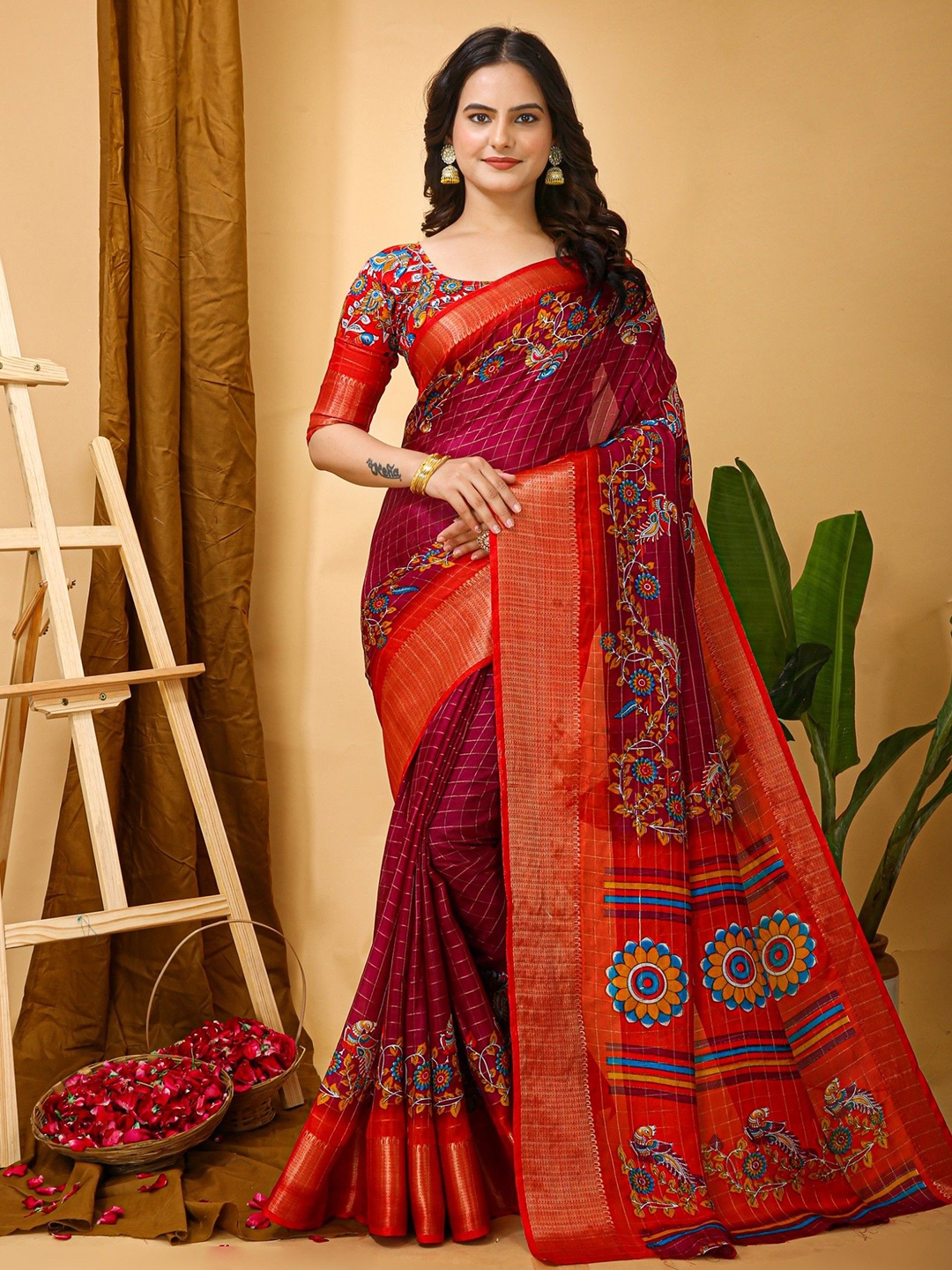 

Rangtulika Ethnics Kalamkari Zari Saree, Red