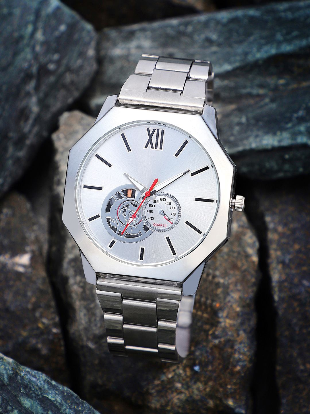 

French Accent Men Dial & Stainless Steel Bracelet Style Straps Analogue Watch SS25_FAWC1021, Silver
