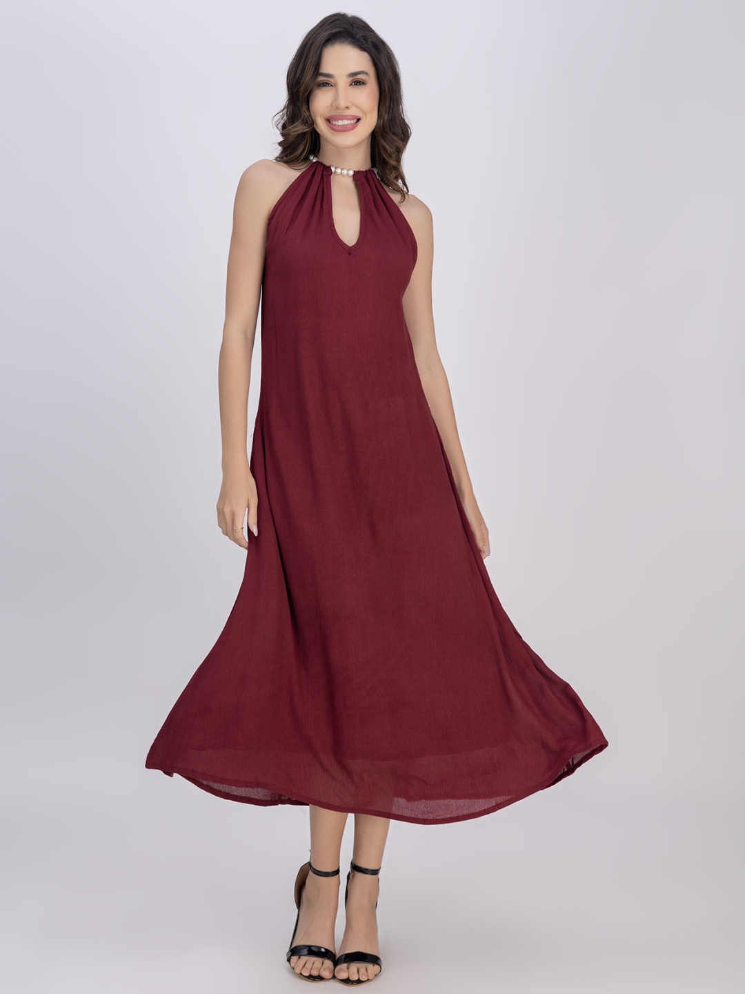 

Moomaya Halter Neck A-Line Midi Dress, Maroon