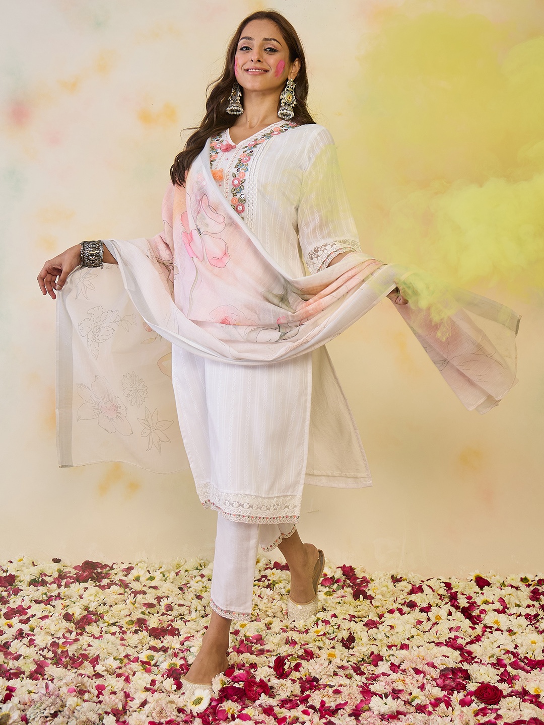 

Indo Era Women Floral Embroidered Regular Thread Work Pure Cotton Kurta with Trousers & With Dupatta, Off white