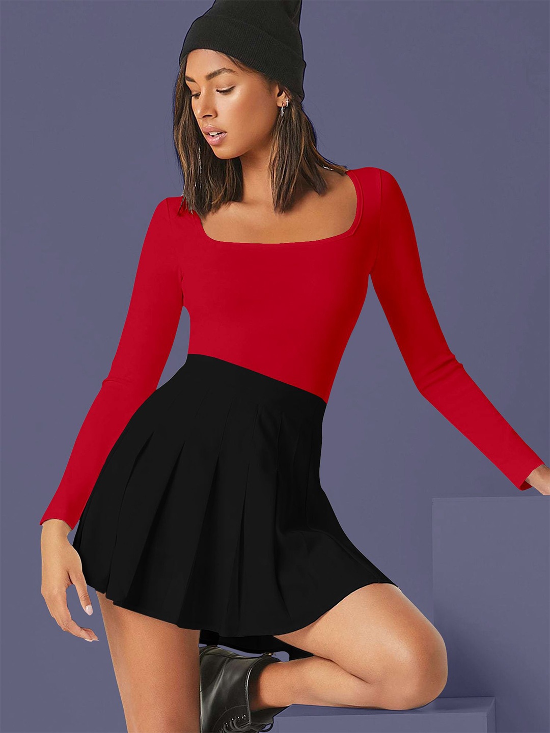

Dream Beauty Fashion Women Square Neck Long Sleeves Fitted Top, Red