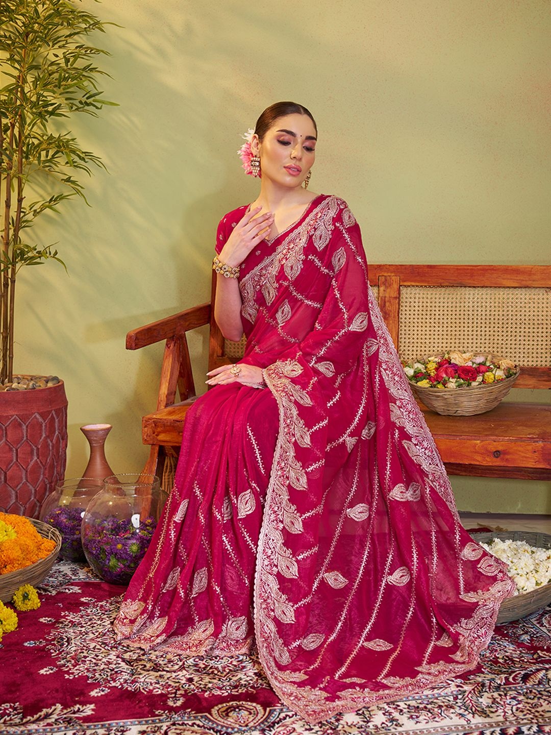 

Mitera Embellished Embroidered Satin Saree, Red