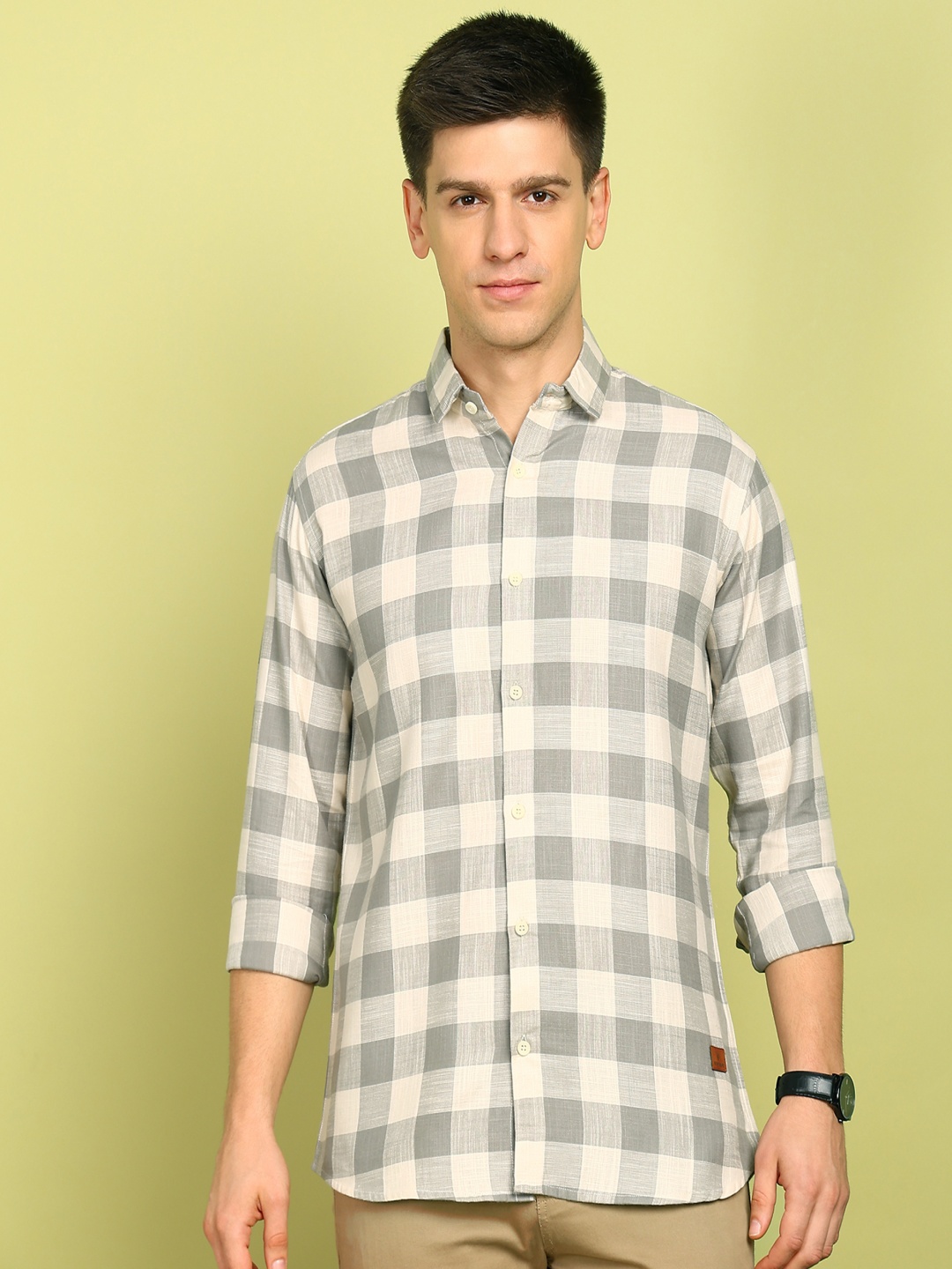 

PulseIQ Men Slim Fit Gingham Checks Opaque Checked Formal Shirt, Grey