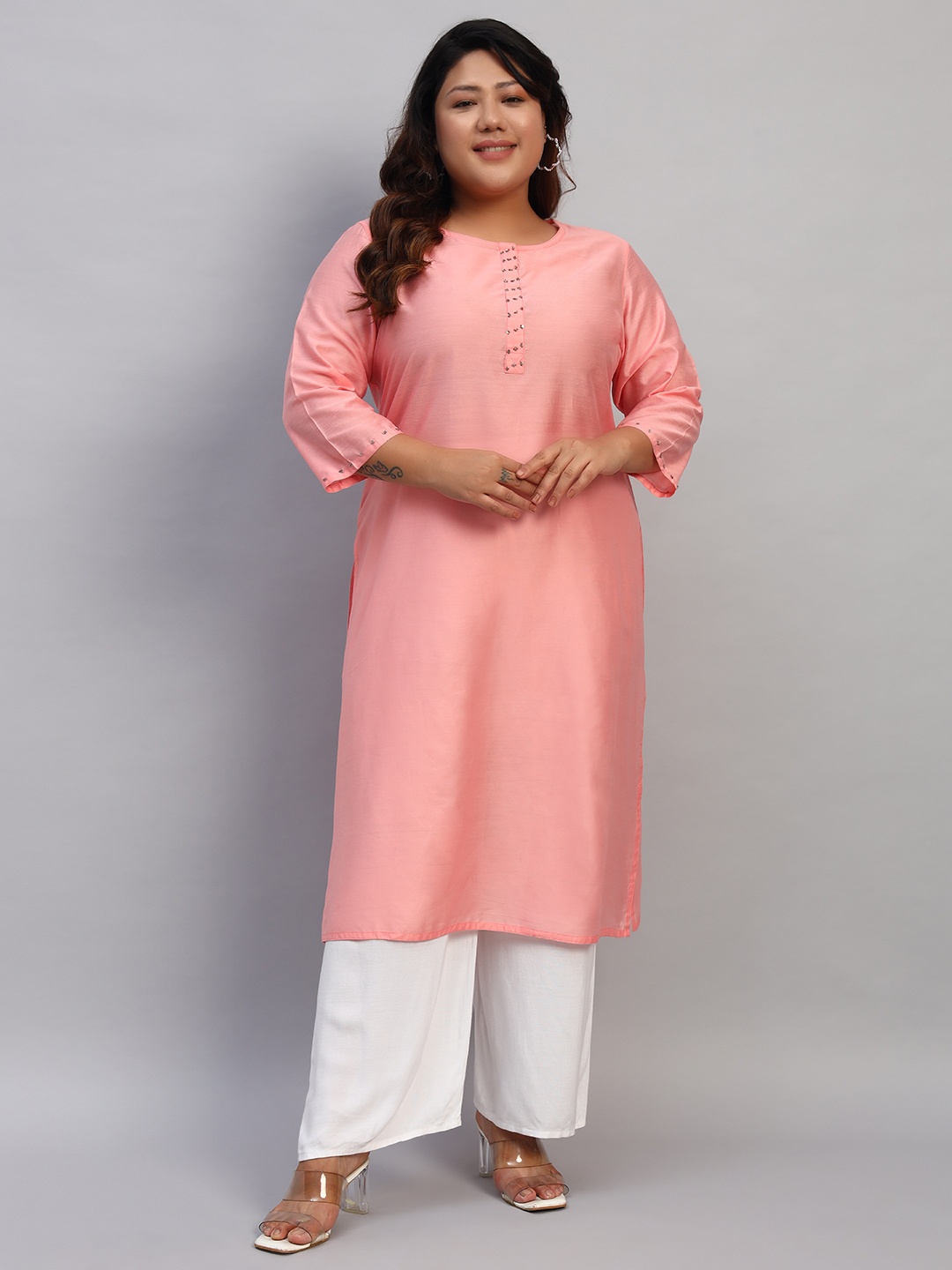 

BAESD Women Dyed Flared Sleeves Thread Work Kurta, Pink