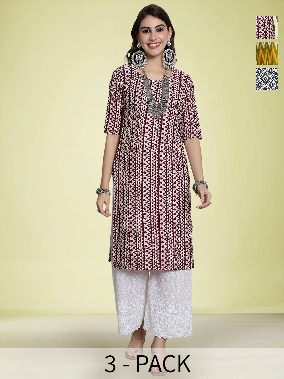 

Moda Rapido Selection Of 3 Geometric Printed Round Neck Straight Kurtas, Maroon