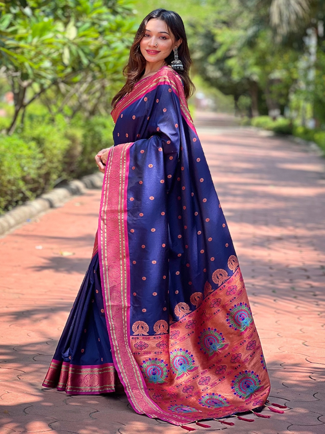 

all about you Woven Design Zari Silk Blend Paithani Saree, Navy blue