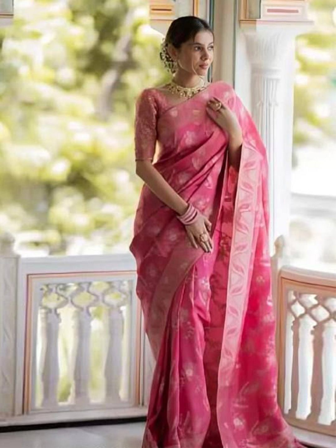 

VILLE FASHION Woven Design Zari Art Silk Kanjeevaram Saree, Pink