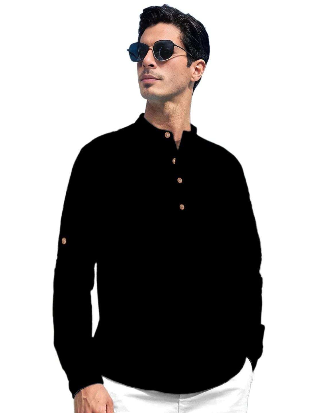

EdinWolf Band Collar Pure Cotton Slim Fit Short Kurta, Black