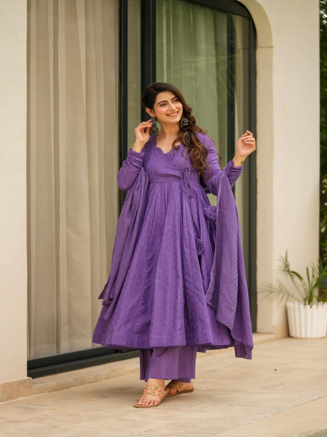 

Idaho Clothing Women Ethnic Motifs Printed Angrakha Pure Cotton Kurta with Trousers & With Dupatta, Purple