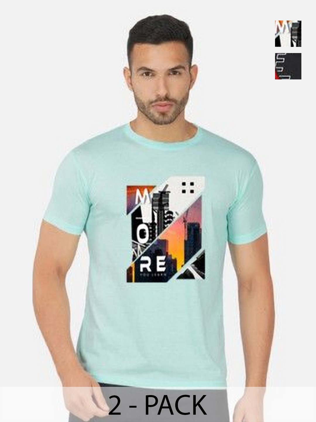 

GLOBAL NOMAD Men 2 Printed Bio Finish Applique T-shirt, Turquoise blue