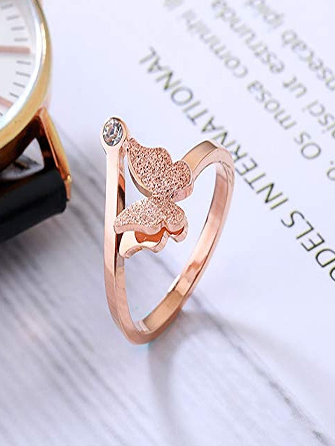 

DressBerry Rose Gold-Plated Cubic-Zirconia-Studded Butterfly Finger Ring