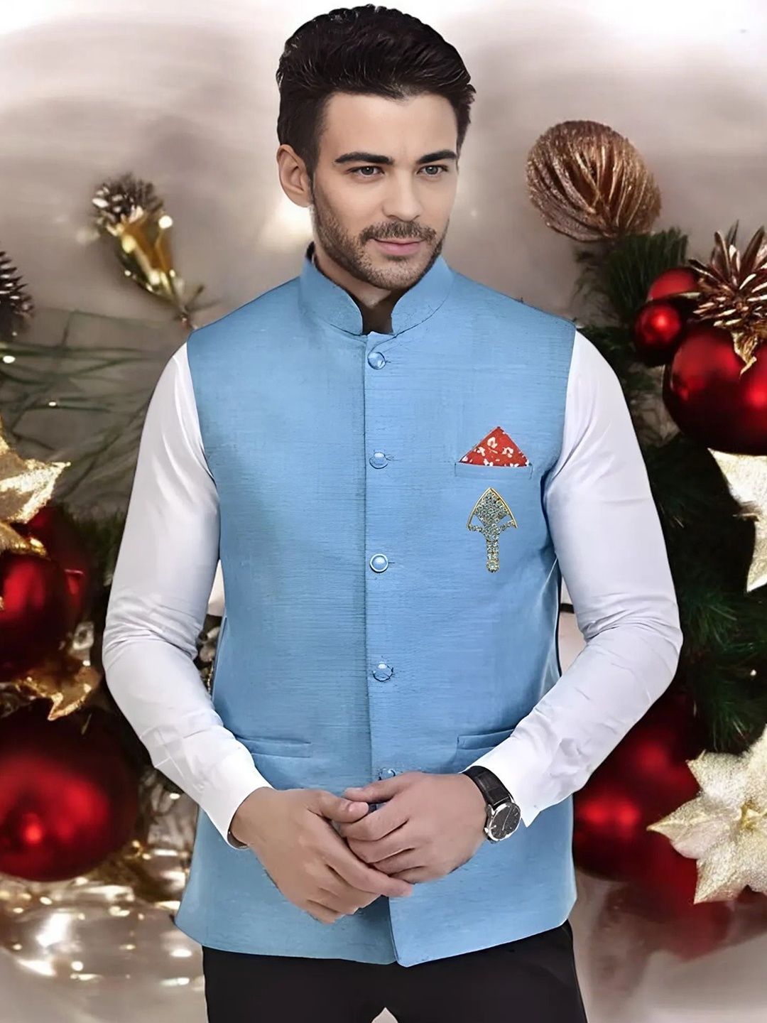 

Seetoo Mandarin Collar Woven Nehru Jacket With Broch, Blue