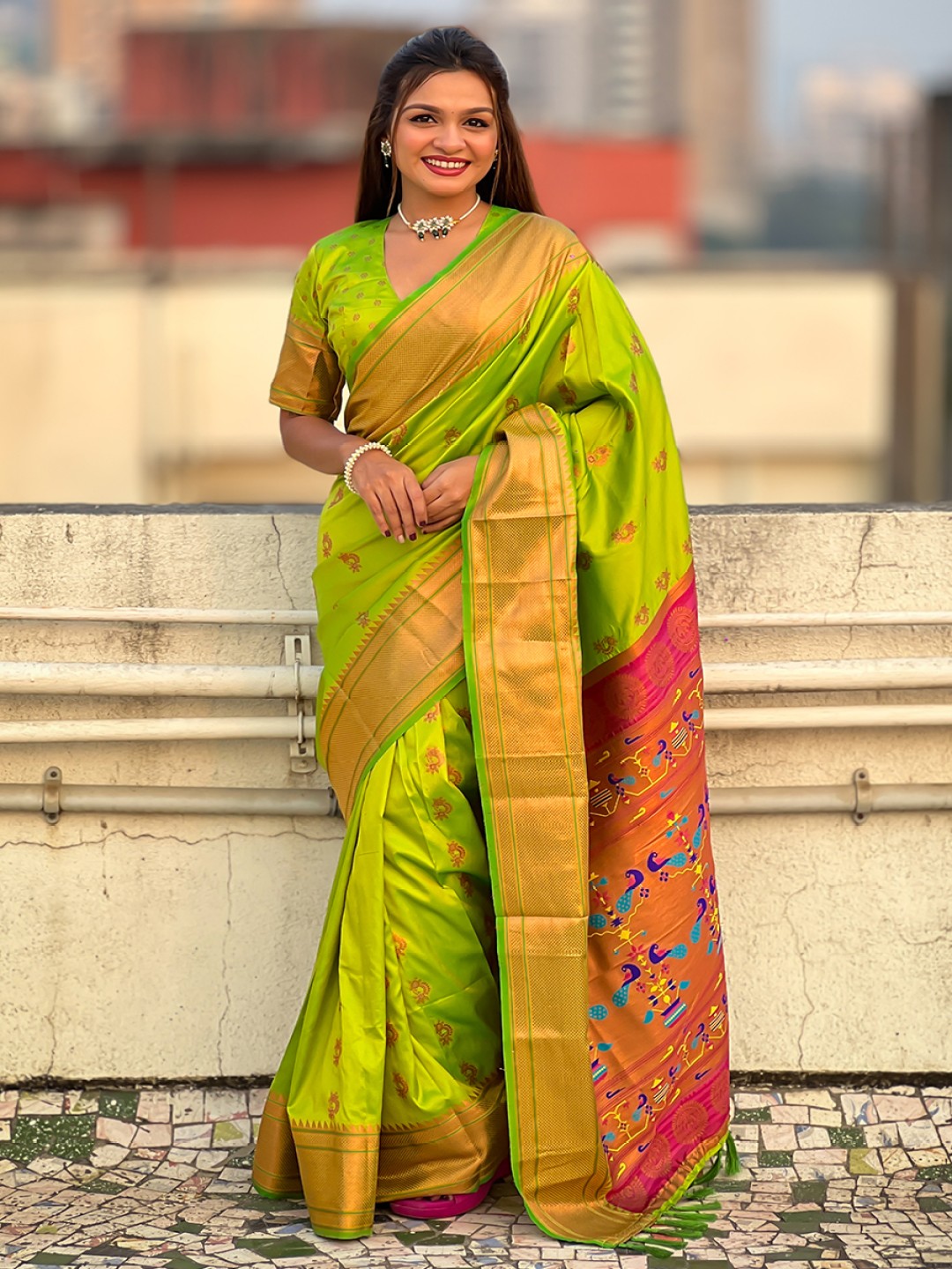 

all about you Woven Design Zari Silk Blend Paithani Saree, Green