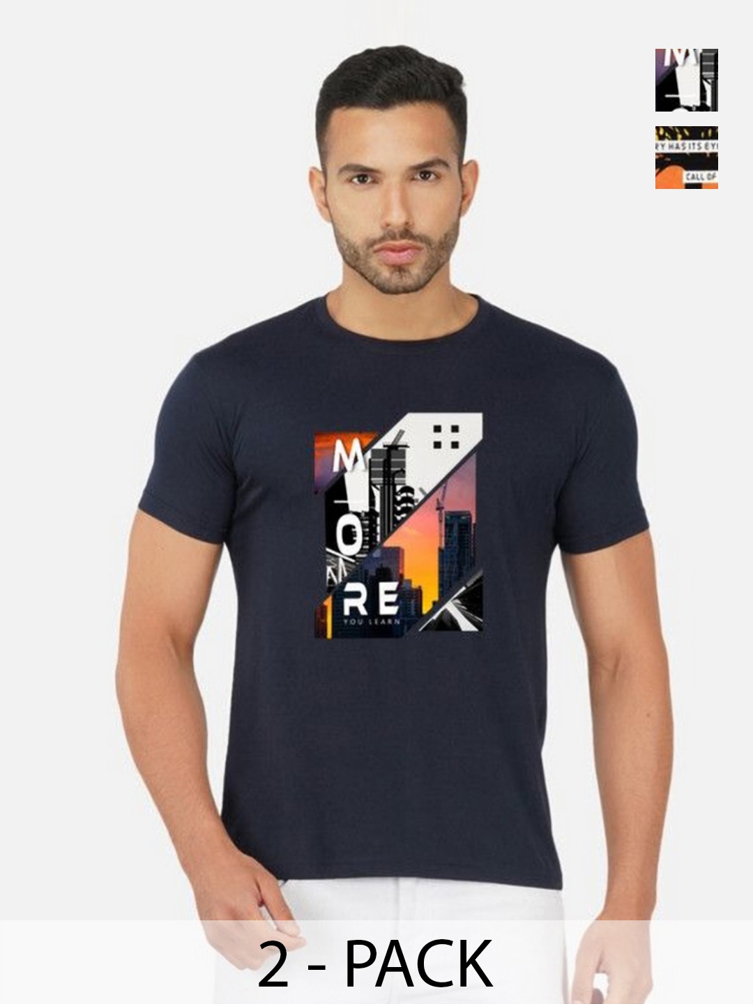 

GLOBAL NOMAD Men 2 Printed Bio Finish Applique T-shirt, Navy blue