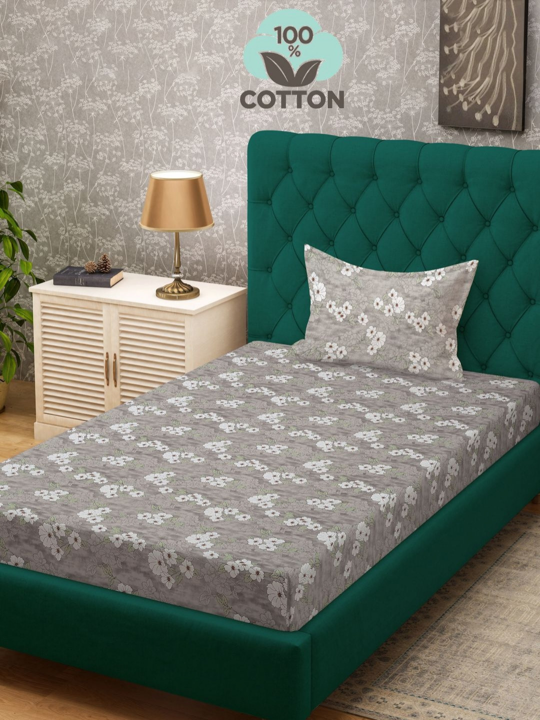 

Myntra Elegant Homes Grey & White Floral 400 TC Single Bedsheet with 1 Pillow Covers