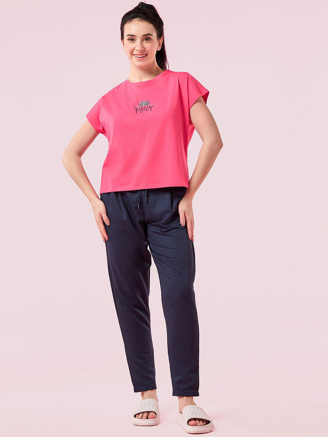 

Enamor Graphic Embroidered Dolman Sleeve Crew Neck Lounge T-Shirt, Pink