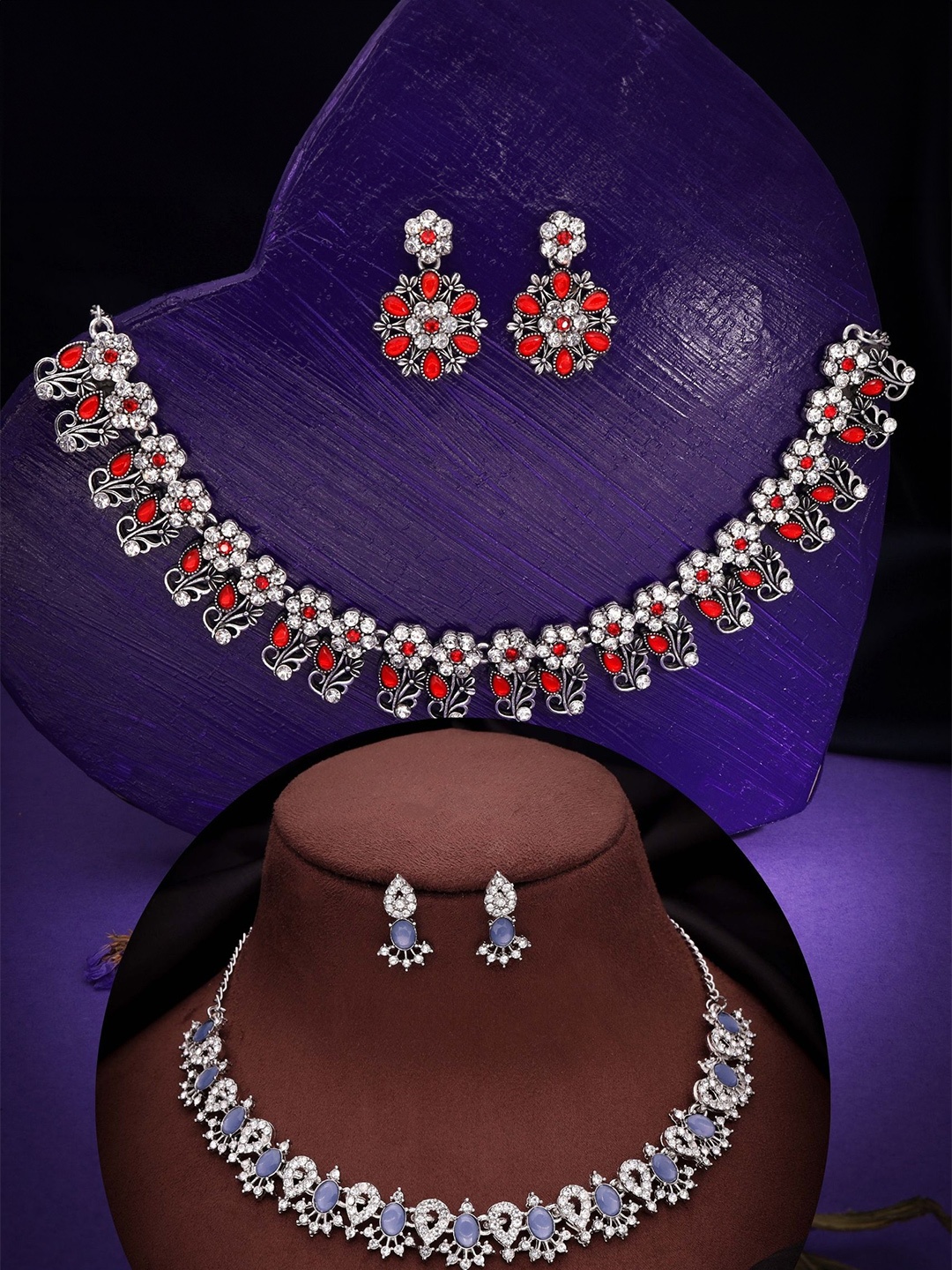 

DIVASTRI Set Of 2 Silver Plated American Diamond Studded Jewellery Set