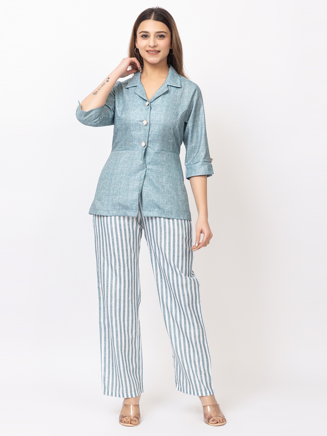

Lory Collared Neck Three Quarter Sleeve Shirt With Trouser Co-Ords, Blue
