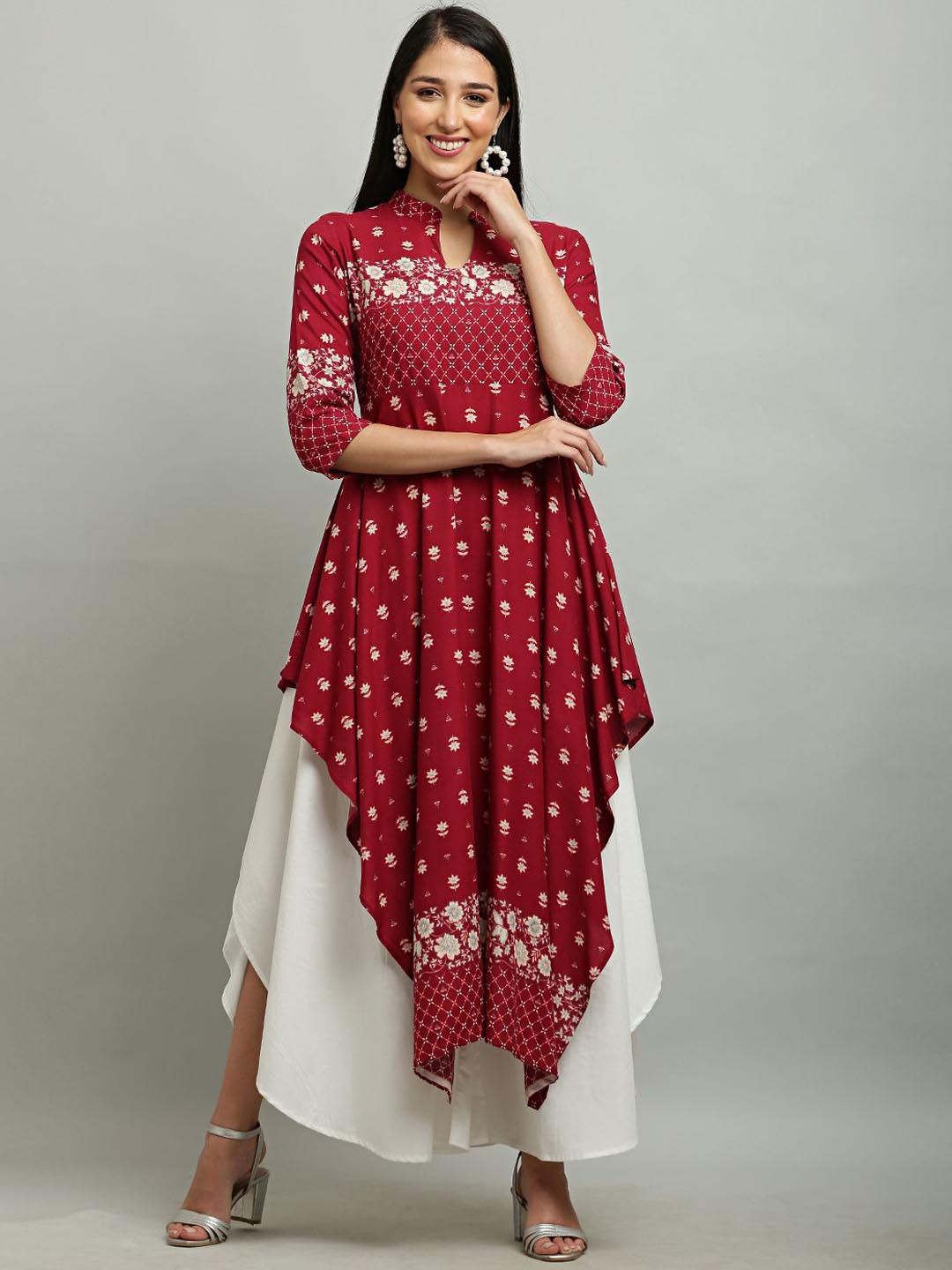

EZIS FASHION Floral Printed Mandarin Collar Ethnic Anarkali Kurta, Red