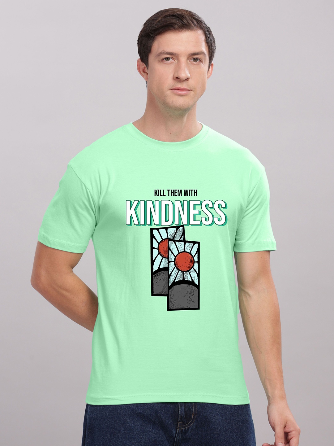 

FALTU.CO Men Printed Drop-Shoulder Sleeves Pure Cotton T-shirt, Sea green